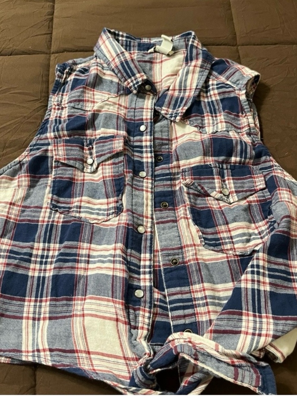 Forever 21 Plaid Sleeveless Button-Down Shirt with tie at the bottom- kids